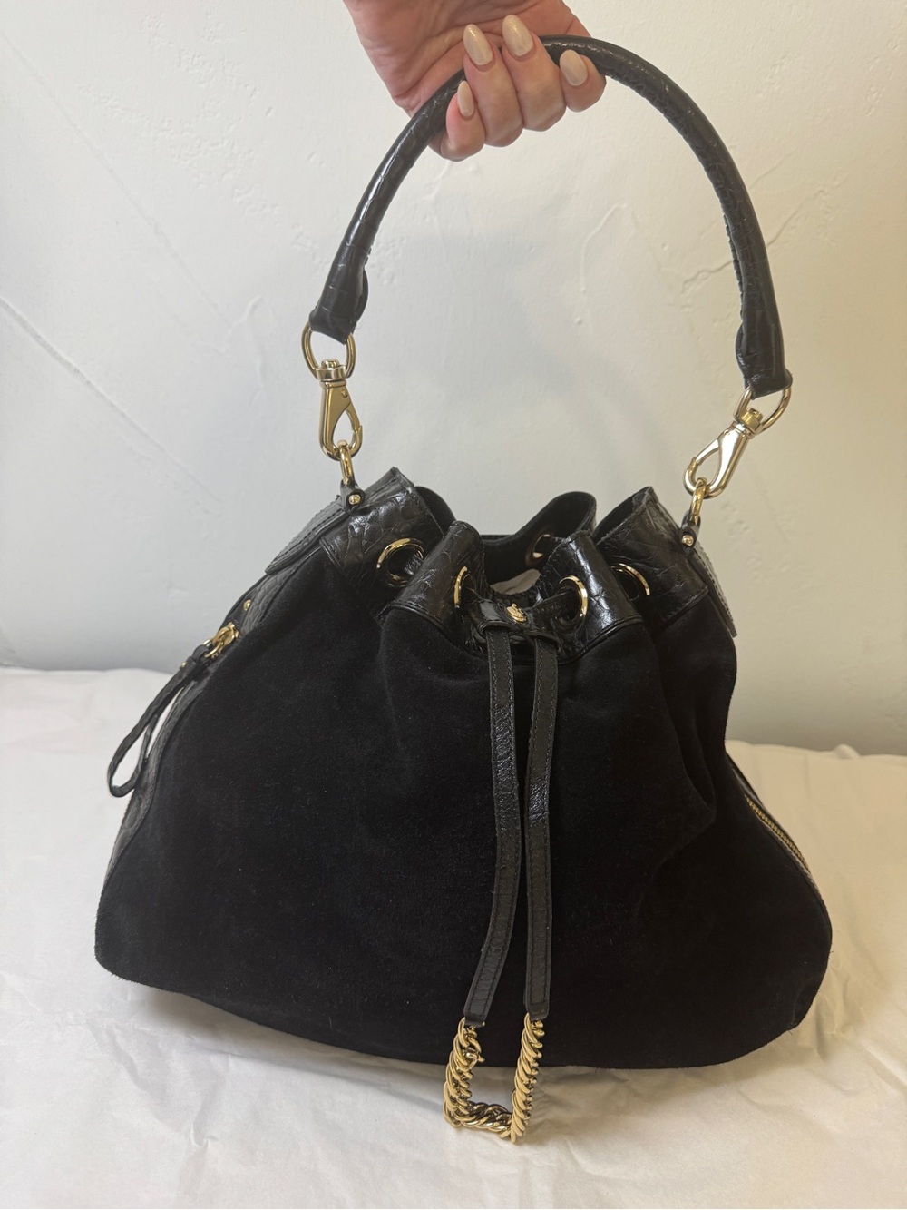 Cole Haan Black Suede Drawstring Shoulder Bag with Gold Hardware - Picture 1 of 12